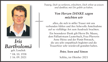 Traueranzeige von Iris Bartholomä von FZ