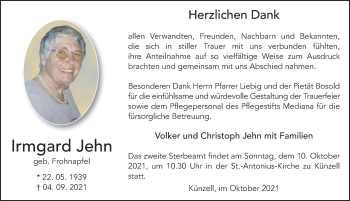 Traueranzeige von Irmgard Jehn von FZ