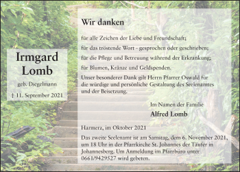 Traueranzeige von Irmgard Lomb von FZ
