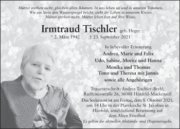 Traueranzeige von Irmtraud Tischler von FZ