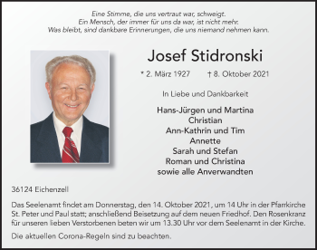 Traueranzeige von Josef Stidronski von FZ