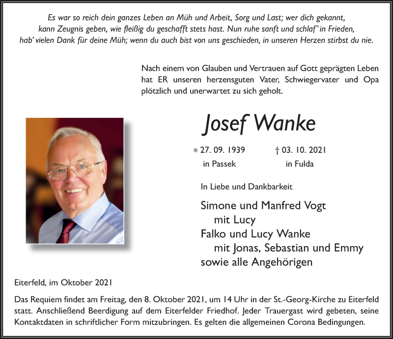  Traueranzeige für Josef Wanke vom 07.10.2021 aus FZ