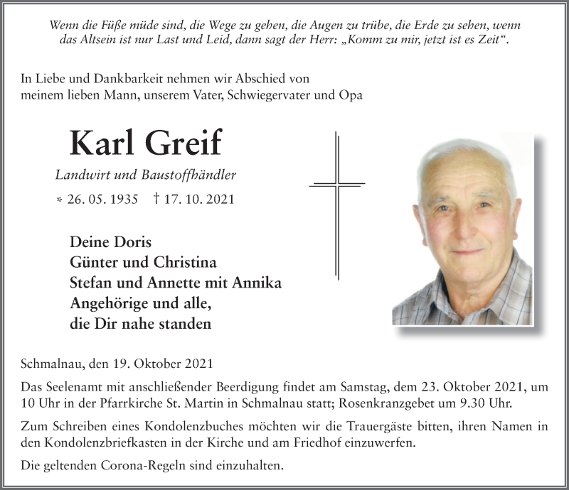  Traueranzeige für Karl Greif vom 19.10.2021 aus FZ