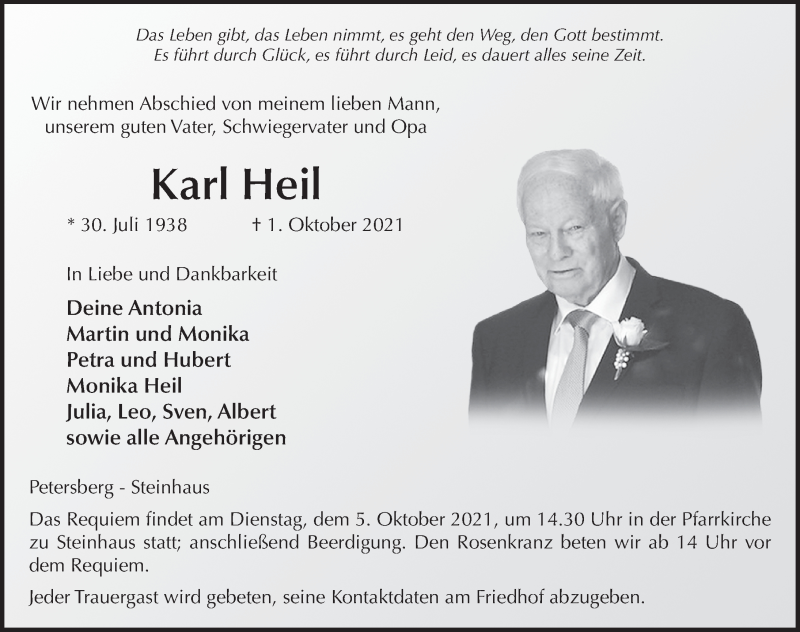  Traueranzeige für Karl Heil vom 04.10.2021 aus FZ