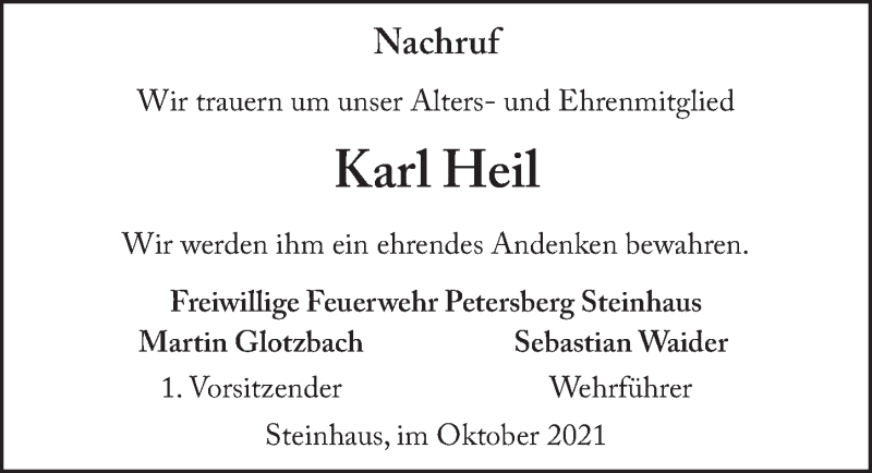  Traueranzeige für Karl Heil vom 05.10.2021 aus FZ