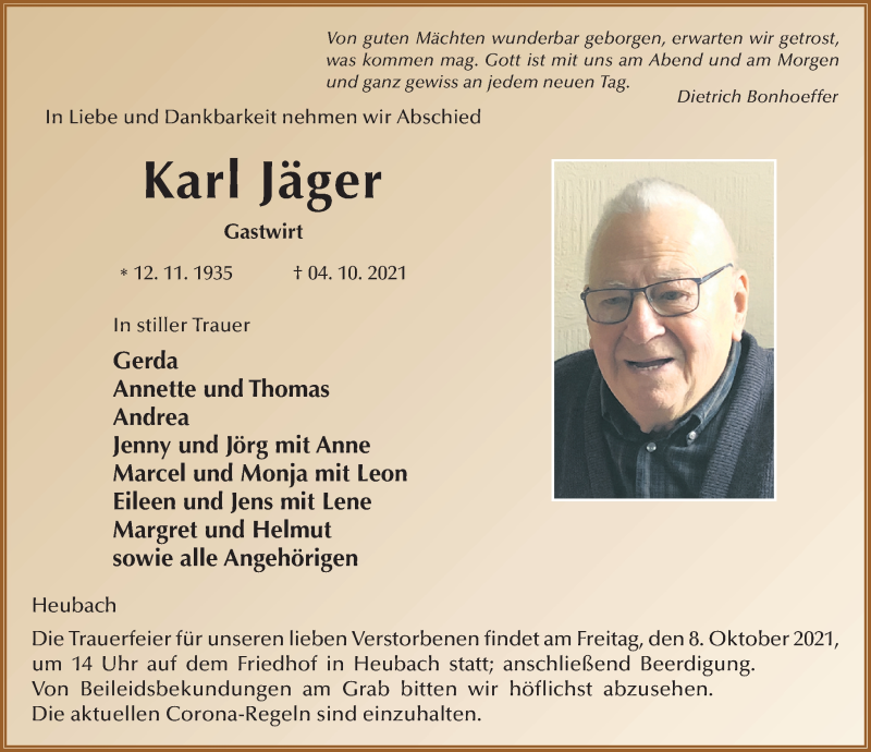  Traueranzeige für Karl Jäger vom 07.10.2021 aus FZ