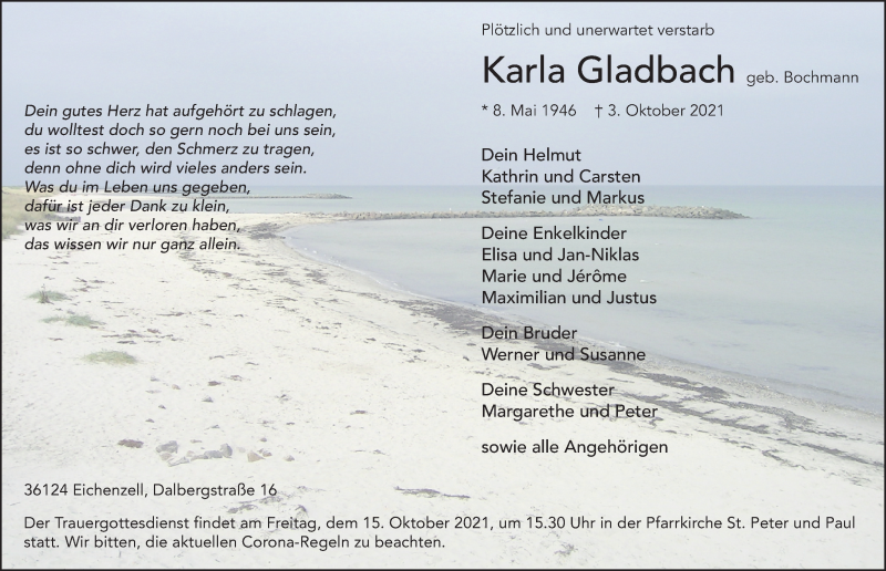  Traueranzeige für Karla Gladbach vom 14.10.2021 aus FZ