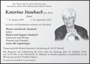 Traueranzeige von Katarina Staubach von FZ