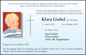 Traueranzeige von Klara Giebel von FZ