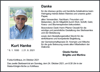 Traueranzeige von Kurt Hanke von FZ