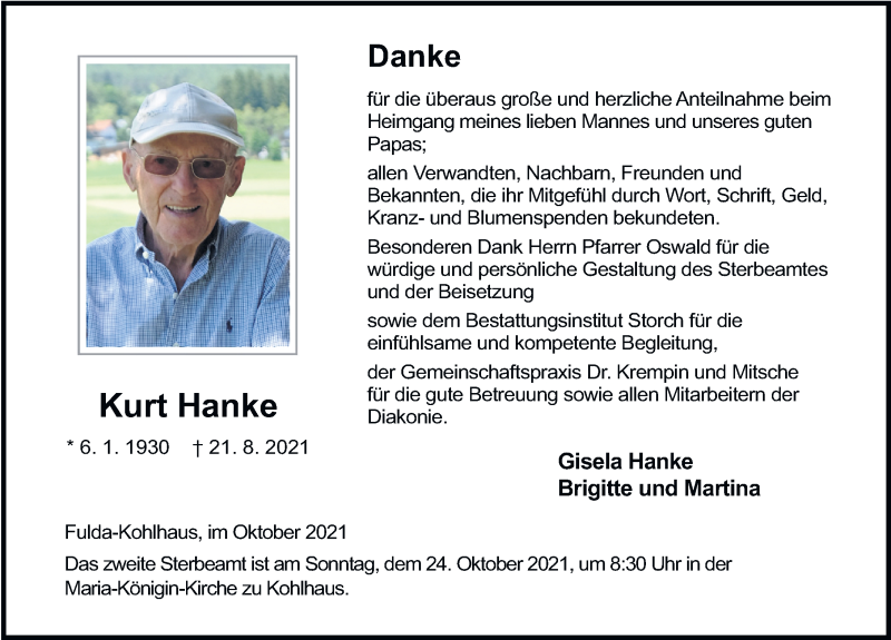  Traueranzeige für Kurt Hanke vom 16.10.2021 aus FZ