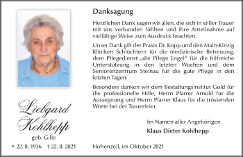 Traueranzeige von Liebgard Kohlhepp von FZ