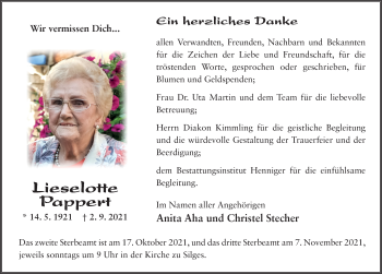 Traueranzeige von Lieselotte Pappert von FZ