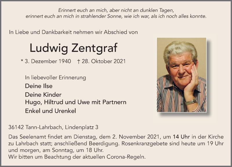  Traueranzeige für Ludwig Zentgraf vom 30.10.2021 aus FZ