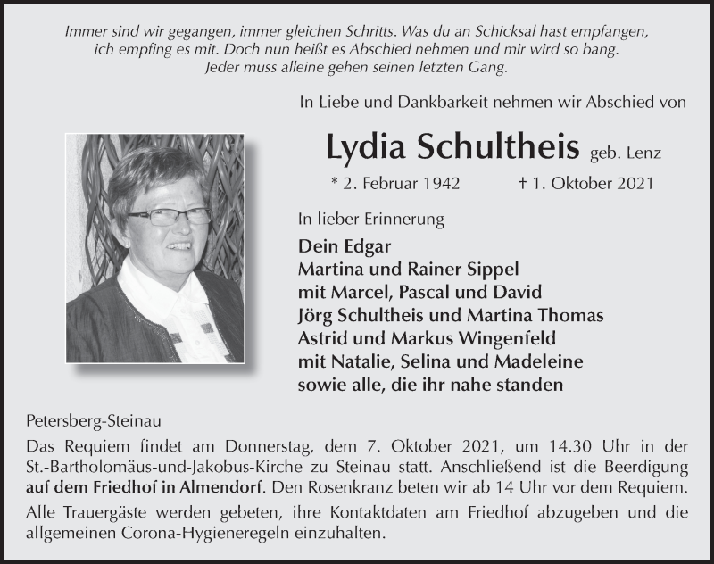  Traueranzeige für Lydia Schultheis vom 05.10.2021 aus FZ