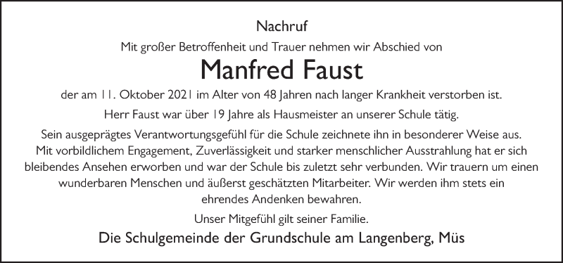  Traueranzeige für Manfred Faust vom 13.10.2021 aus FZ