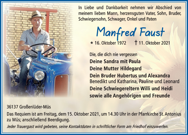  Traueranzeige für Manfred Faust vom 13.10.2021 aus FZ