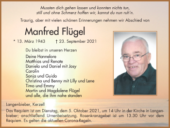 Traueranzeige von Manfred Flügel von FZ