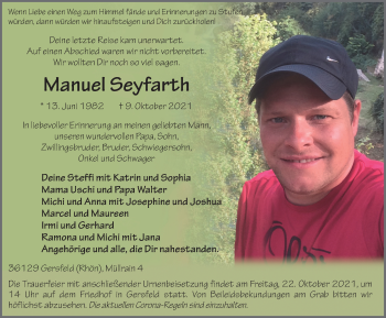 Traueranzeige von Manuel Seyfarth von FZ