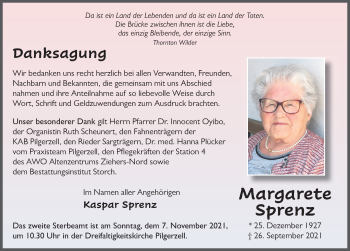 Traueranzeige von Margarete Sprenz von FZ