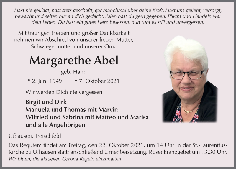 Traueranzeige für Margarethe Abel vom 19.10.2021 aus FZ