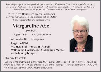 Traueranzeige von Margarethe Abel von FZ