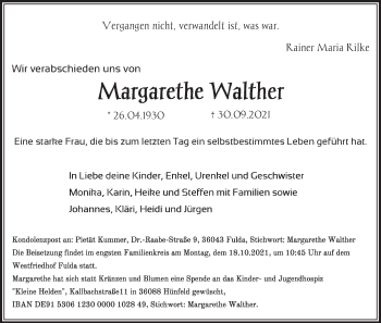 Traueranzeige von Margarethe Walther von FZ