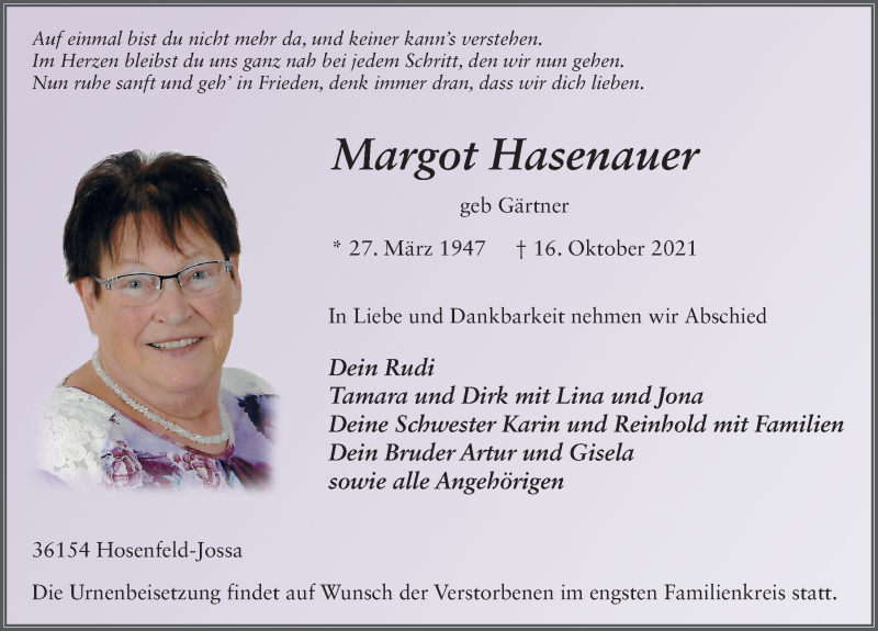  Traueranzeige für Margot Hasenauer vom 20.10.2021 aus FZ