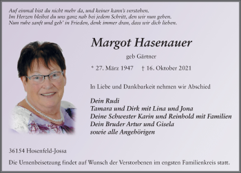 Traueranzeige von Margot Hasenauer von FZ