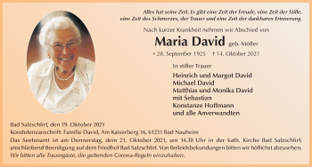 Traueranzeige von Maria David von FZ
