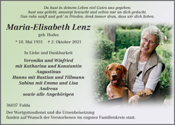 Traueranzeige von Maria-Elisabeth Lenz von FZ