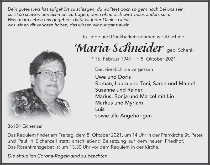  Traueranzeige für Maria Schneider vom 07.10.2021 aus FZ