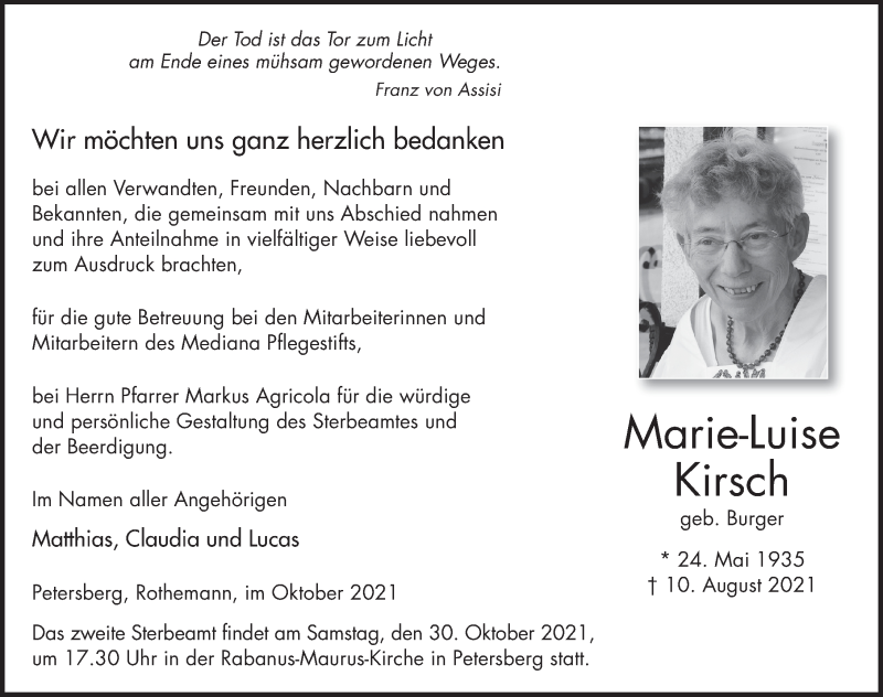 Traueranzeige für Marie-Luise Kirsch vom 09.10.2021 aus FZ