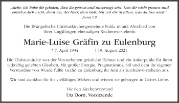 Traueranzeige von Marie-Luise Gräfin zu Eulenburg von FZ