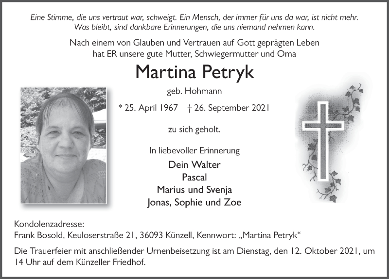  Traueranzeige für Martina Petryk vom 09.10.2021 aus FZ