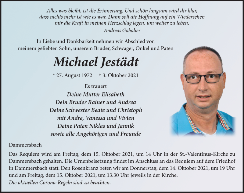  Traueranzeige für Michael Jestädt vom 12.10.2021 aus FZ