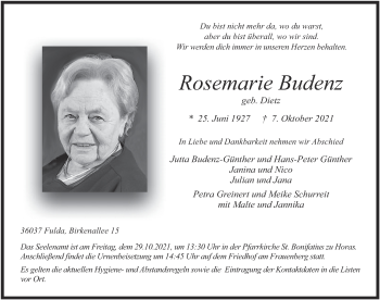 Traueranzeige von Rosemarie Budenz von FZ