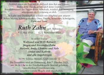 Traueranzeige von Ruth Zahn von FZ