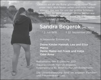 Traueranzeige von Sandra Begerok von FZ