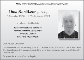 Traueranzeige von Thea Schlitzer von FZ