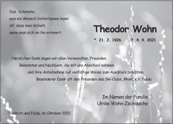 Traueranzeige von Theodor Wohn von FZ