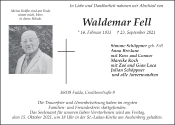 Traueranzeige von Waldemar Fell von FZ