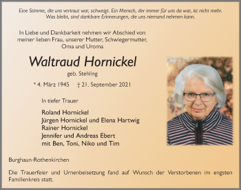 Traueranzeige von Waltraud Hornickel von FZ