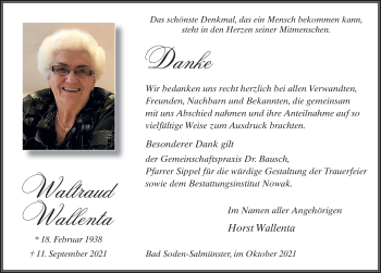 Traueranzeige von Waltraud Wallenta von FZ