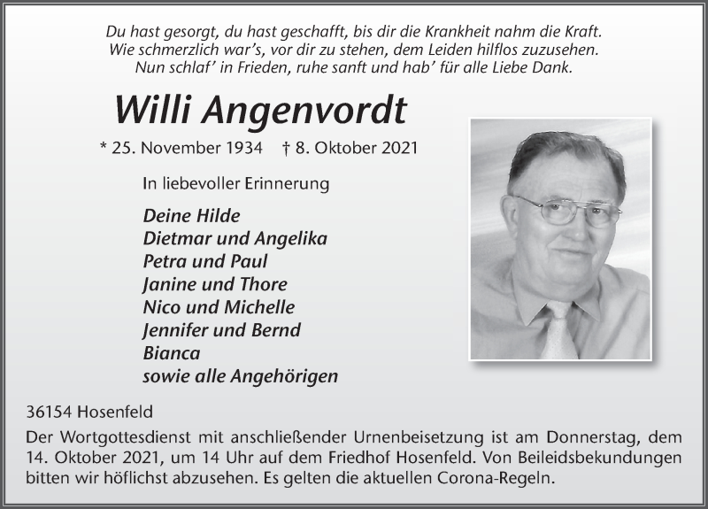  Traueranzeige für Willi Angenvordt vom 12.10.2021 aus FZ