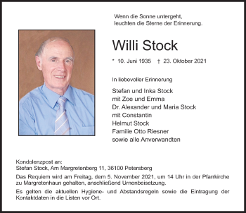 Traueranzeige von Willi Stock von FZ