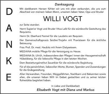 Traueranzeige von Willi Vogt von FZ