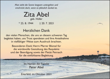 Traueranzeige von Zita Abel von FZ