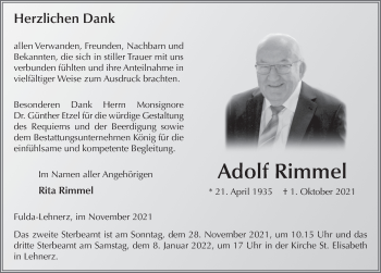 Traueranzeige von Adolf Rimmel von FZ