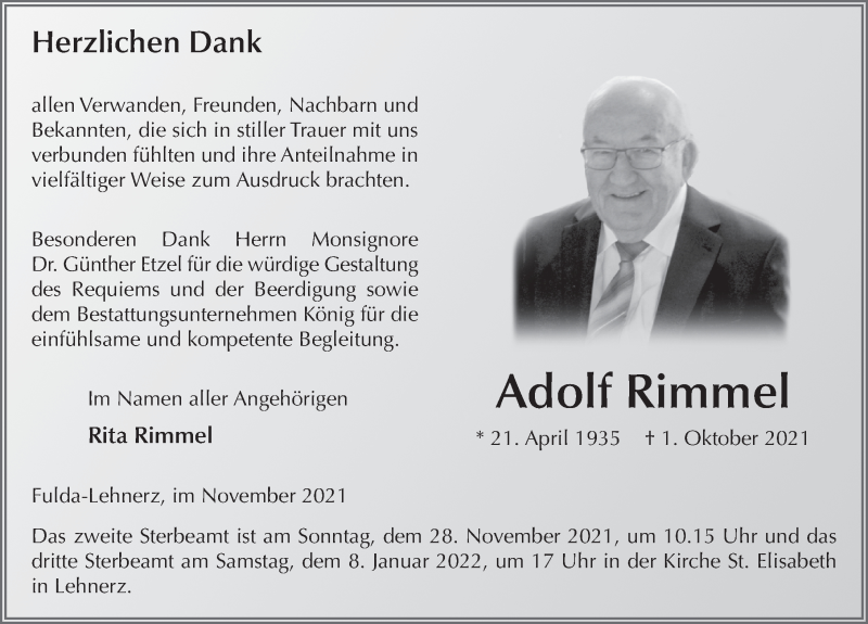  Traueranzeige für Adolf Rimmel vom 20.11.2021 aus FZ